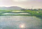  absurdres building clouds cloudy_sky day farm field grass grey_sky highres latex_cult mountain mountainous_horizon no_humans oil_painting_(medium) original painting_(medium) power_lines reflection reflective_water rice_paddy rural sky sunlight traditional_media utility_pole water 