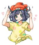  1girl aqua_eyes asatte_3z beanie black_hair floral_print hands_up hat heart looking_at_viewer motion_lines pokemon pokemon_sm red_hat selene_(pokemon) shirt short_hair short_sleeves simple_background solo swept_bangs tied_shirt white_background yellow_shirt 