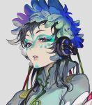  1other androgynous black_hair blue_eyes blue_hair dress facepaint facial_mark forehead_mark gnosia green_hair grey_dress headphones kaifei_(kaifei_29) long_hair long_sleeves looking_at_viewer makeup multicolored_hair raqio solo streaked_hair tattoo 