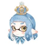  1girl 3: blue_hair blush chin_strap closed_mouth commentary crown ear_blush highres inkling inkling_girl inkling_player_character mini_crown plum0o0 pointy_ears portrait short_bangs short_eyebrows short_hair simple_background solo splatoon_(series) suction_cups symbol-only_commentary tentacle_hair white_background yellow_eyes 