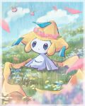  arm_support border clouds commentary_request day falling_petals flower flower_wreath grass hoppip jirachi leaning_back looking_up no_humans outdoors petals pokemon pokemon_(creature) sitting sky suama_(haruichi) 