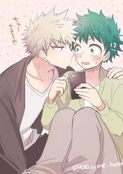  !? 2boys bakugou_katsuki blonde_hair boku_no_hero_academia brown_jacket brown_pants cellphone freckles green_eyes green_hair highres holding holding_phone jacket male_focus midoriya_izuku multiple_boys pants phone red_eyes shirt short_hair smartphone spiky_hair sweater_jacket ume_(326310) white_shirt yellow_jacket 