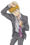  1boy adjusting_clothes adjusting_necktie arm_up artist_name belt black_belt black_eyes blonde_hair clenched_hand closed_mouth findoworld grey_jacket grey_pants half-closed_eyes hand_on_own_head highres jacket lapels light_frown looking_up male_focus mob_psycho_100 necktie open_clothes open_jacket pants perspective purple_necktie reigen_arataka sanpaku shirt shirt_tucked_in short_hair simple_background sleeve_cuffs solo standing very_short_hair white_background white_shirt 