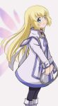  1girl blonde_hair blue_eyes blue_trim blush boots chakram choker closed_mouth colette_brunel dress emapippi gold_choker highres holding holding_weapon jewelry long_hair looking_at_viewer pantyhose pink_wings smile standing tales_of_(series) tales_of_symphonia weapon wings 