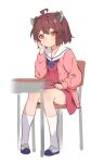  1girl ahoge brown_hair buttons cardigan chair closed_mouth desk dress full_body hair_between_eyes headgear highres open_cardigan open_clothes orange_eyes pink_cardigan red_dress sailor_collar sailor_dress school_chair school_desk shoes short_hair simple_background sitting socks solo touhoku_kiritan two_side_up voiceroid white_background white_sailor_collar white_socks yamamomo_(plank) 