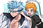  2boys :d animal_ears black_kimono bleach bleach:_epilogue bleach:_sennen_kessen-hen blue_eyes blue_hair blush_stickers brown_eyes cat_boy cat_ears cat_tail child claws closed_mouth commentary_request facial_mark fang frown grimmjow_jaegerjaquez hand_up happy highres japanese_clothes jitome kimono kurosaki_kazui light_blush long_hair long_sleeves looking_afar looking_at_another motion_lines multiple_boys open_mouth orange_hair resurreccion scar scar_on_cheek scar_on_face short_hair simple_background smile sound_effects sparkling_eyes speech_bubble sweatdrop tail twitching twitter_username upper_body wide_sleeves yanono_015 
