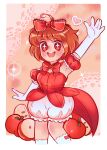  1girl ahoge akai_ringo_(tokyo_mew_mew) apple bloomers bow bowtie brown_hair food fruit gloves hair_bow highres lace magical_girl mew_ringo name_connection object_namesake red_bow short_hair solo sparkle standing sugoigrove tokyo_mew_mew waving white_bloomers 