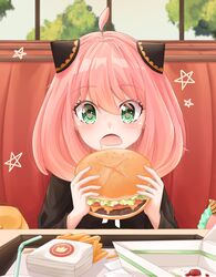  1girl absurdres ahoge anya_(spy_x_family) blush burger child commentary d: drooling english_commentary eyelashes eyes_visible_through_hair food french_fries green_eyes hair_between_eyes hairpods happy heart heart-shaped_pupils highres holding holding_burger holding_food indoors lalachan208 looking_at_food medium_hair mouth_drool open_mouth pink_hair sitting solo sparkling_eyes spy_x_family star_(symbol) straight_hair surprised symbol-shaped_pupils tsurime upper_body 