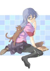  1girl 22/7 adjusting_eyewear black-framed_eyewear black_pantyhose blue_eyes blue_hair book braid brown_footwear cat cosplay from_behind full_body hanekawa_tsubasa hanekawa_tsubasa_(cosplay) highres light_blue_hair long_hair looking_at_viewer looking_back maruyama_akane monogatari_(series) naoetsu_high_school_uniform natsushi pantyhose pink_shirt pleated_skirt puffy_sleeves purple_skirt rectangular_eyewear school_uniform semi-rimless_eyewear shirt short_sleeves single_braid sitting skirt solo under-rim_eyewear wariza 