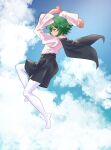  1girl androgynous antennae black_cape black_shorts blue_sky blush cape closed_mouth clouds commentary_request day eggprotain full_body green_eyes green_hair highres jumping long_sleeves no_shoes paid_reward_available pantyhose pantyhose_under_shorts shirt short_hair shorts sky smile solo touhou white_pantyhose white_shirt wriggle_nightbug 