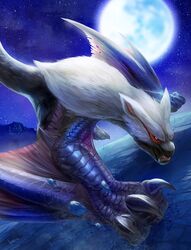  bearluxe claws dragon highres monster monster_hunter_(series) nargacuga night night_sky no_humans outdoors red_eyes scales sharp_teeth sky tail teeth wyvern yellow_eyes 