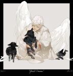  1boy angel angel_wings animal aziraphale_(good_omens) good_omens highres lamb lanjinli_1231 looking_at_viewer robe sheep solo white_hair white_robe wings 