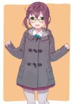  1girl blush coat crossed_bangs glasses green_eyes grey_coat grey_pantyhose hair_between_eyes kantai_collection long_sleeves looking_at_viewer mitsuyo_(mituyo324) multicolored_hair okinami_(kancolle) pantyhose pink_hair purple_hair short_hair simple_background sleeves_past_wrists solo two-tone_background 