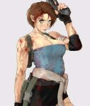  1girl bare_shoulders blood blood_on_face blue_eyes breasts brown_hair cleavage gun highres holding holding_gun holding_weapon jill_valentine large_breasts looking_at_viewer muscular muscular_female resident_evil short_hair skirt standing straight_hair weapon yoracrab 