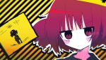  1girl abj3_0 closed_mouth drill_hair kasane_teto looking_at_viewer outline red_eyes redhead sign solo striped_background twin_drills twitter_username utau violet_eyes watermark white_outline yellow_background 