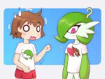  2girls ? absurdres ancesra arms_at_sides blank_eyes blue_background blush bob_cut border brown_hair character_print closed_mouth clothed_pokemon colored_skin comedic_sweatdrop commission commissioner_upload crossover dot_mouth flat_chest gardevoir gradient_background green_hair green_skin hair_ornament hair_over_one_eye hand_up hidamari_sketch highres light_blush looking_at_self looking_down miniskirt multicolored_skin multiple_girls nervous non-web_source notice_lines o_o one_eye_covered open_mouth outline outside_border pleated_skirt pokemon pokemon_(creature) red_skirt shirt short_hair short_sleeves sidelocks simple_background skirt standing torn_clothes torn_shirt transparent_border trembling two-tone_skin upper_body wavy_mouth white_eyes white_shirt white_skin x_hair_ornament yuno_(hidamari_sketch) 