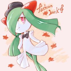  black_bow black_bowtie black_hat bow bowtie colored_skin english_text green_hair green_skin hair_over_one_eye hat horns kirlia mmtora multicolored_skin pink_eyes pokemon pokemon_(creature) pokemon_go sidelocks smile two-tone_skin white_skin 