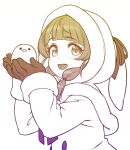  1girl animal animal_hood bird blunt_bangs blush capelet coat cupping_hands hair_over_shoulder hands_up highres holding holding_animal holding_bird hood hood_up hooded_capelet long_hair long_sleeves looking_at_viewer low_twintails magari_(c0rn3r) mochi_hiyoko mochipro open_mouth own_hands_together partially_colored rabbit_hood simple_background smile solo twintails upper_body virtual_youtuber white_background 