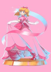  1girl blonde_hair blue_eyes bow dress earrings elbow_gloves gloves hair_bow high_heels highres holding holding_clothes holding_dress jewelry long_dress long_hair looking_at_viewer official_alternate_costume pink_background pink_bow pink_dress pink_footwear pink_ribbon pink_theme ponytail princess_peach princess_peach:_showtime! puffy_short_sleeves puffy_sleeves ribbon saiwo_(saiwoproject) short_sleeves simple_background solo sphere_earrings super_mario_bros. white_gloves 