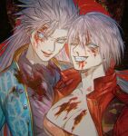  2girls belt_bra blood blood_on_body blood_on_face blue_coat blue_eyes coat dante_(devil_may_cry) devil_may_cry_(series) devil_may_cry_3 evil_grin evil_smile fingerless_gloves genderswap genderswap_(mtf) ghost69325932 gloves grin hair_slicked_back holding looking_at_viewer multiple_girls open_clothes red_coat short_hair siblings smile spiky_hair twins vergil_(devil_may_cry) white_hair 