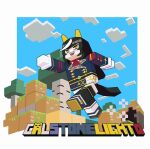  1girl animal_ears black_hair black_pants blue_jacket blush calstone_light_o_(umamusume) character_name clouds day horse_ears horse_girl horse_tail jacket long_hair long_sleeves minecraft minecraft_(style) multicolored_hair open_mouth outdoors pants running sarcophage smile solo streaked_hair tail tree umamusume yellow_eyes 