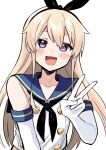  1boy bare_shoulders black_neckerchief blonde_hair blue_sailor_collar blush commentary_request cosplay crossdressing elbow_gloves fang gloves hair_between_eyes highres kantai_collection koni_suke long_hair looking_at_viewer male_focus neckerchief open_mouth original otoko_no_ko pink_eyes sailor_collar shimakaze-kun shimakaze_(kancolle) shimakaze_(kancolle)_(cosplay) simple_background sleeveless solo upper_body v white_background white_gloves 