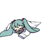  1girl blue_hair blush chibi closed_eyes detached_sleeves eshe_mr hatsune_miku long_hair long_sleeves lying on_stomach open_mouth shirt smile solo twintails very_long_hair vocaloid 