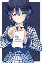  1girl 22/7 blue_background blue_bow blue_bowtie blue_hair border bow bowtie card cowboy_shot dark_blue_hair dress holding holding_card joker_(playing_card) long_sleeves outside_border plaid_clothes plaid_dress playing_card shirt short_hair smile solo takigawa_miu trefle_r wavy_hair white_border white_shirt yellow_eyes 