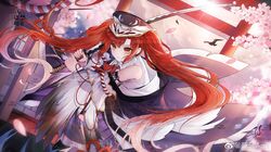  1girl bare_shoulders bird blue_hat blue_kimono bow bowtie brown_eyes cherry_blossoms chinese_commentary closed_mouth clouds collared_shirt colored_tips commentary_request commission cowboy_shot crow detached_sleeves dutch_angle eyelashes feather_sleeves floating_clothes floating_hair flower frown gleam hat highres holding holding_sword holding_weapon japanese_clothes katana kimono kimono_partially_removed light_blush light_particles long_hair long_sleeves looking_at_viewer multicolored_hair nail_polish original over_shoulder peaked_cap petals pink_flower red_bow red_bowtie red_nails red_ribbon redhead ribbon rope sample_watermark shide shimenawa shirt shrine sleeve_ribbon sleeveless sleeveless_shirt solo sunset sword too_many_watermarks torii twintails two-tone_headwear v-shaped_eyebrows very_long_hair watermark weapon weapon_over_shoulder weibo_watermark white_hair white_hat white_shirt white_sleeves yanyan_(weibo_5865701740) 