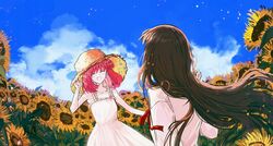  2girls alternate_costume alternate_hairstyle bare_shoulders black_hair blue_sky closed_eyes clouds collarbone day dress facing_another facing_away field floating_hair flower flower_field hat highres holding holding_hat holding_unworn_clothes kohaku_(tsukihime) landscape long_hair long_sleeves medium_hair multiple_girls open_mouth petalesouple404 red_ribbon redhead ribbon shirt sky smile straw_hat sundress sunflower sunflower_field sunflower_petals tohno_akiha tsukihime tsukihime_(remake) type-moon very_long_hair white_dress white_shirt 