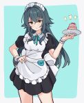  1girl apron aqua_background black_dress blush border cake closed_mouth commentary_request dress eating etoria food food_on_face frilled_apron frilled_wristband frills gakuen_idolmaster green_eyes green_hair hair_between_eyes hair_flaps hair_intakes hand_on_own_hip highres holding holding_plate idolmaster looking_at_viewer maid_apron maid_headdress multicolored_background plate puffy_short_sleeves puffy_sleeves short_sleeves simple_background solo strawberry_cake tsukimura_temari v-shaped_eyebrows white_apron white_border white_headdress white_wristband 