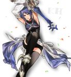  1girl aqua_(kingdom_hearts) armpits bike_shorts black_corset black_thighhighs blue_eyes blue_hair breasts closed_mouth corset detached_sleeves fingerless_gloves gloves highres keyblade kingdom_hearts kingdom_hearts_birth_by_sleep lips looking_at_viewer mikuroron short_hair simple_background smile solo thigh-highs white_background 