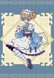  1girl alice_in_wonderland apron armpit_crease blonde_hair blue_background blue_dress blue_eyes blue_footwear blue_sleeves breasts brown_dust_2 chinese_clothes clock_hair_ornament cup detached_sleeves double_bun dress eyepatch full_body glacia_(brown_dust) hair_bun highres holding holding_cup looking_at_viewer medium_breasts open_mouth short_hair sideboob sleeveless sleeveless_dress smile solo striped_clothes striped_thighhighs teacup thigh-highs tn_scallion two-tone_dress waist_apron white_apron white_dress white_headdress wide_sleeves 