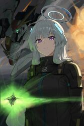  1girl absurdres ai-bon alternate_costume blue_archive closed_mouth crossover expressionless gundam gundam_hathaway&#039;s_flash halo highres long_hair long_sleeves mecha mechanical_halo mobile_suit noa_(blue_archive) normal_suit pilot_suit robot solo upper_body violet_eyes xi_gundam 