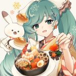  1girl animal apron blue_eyes blue_hair bow bowl carrot chef_hat earrings egg_(food) food food-themed_hat fork_hair_ornament hair_bow hat hatsune_miku heart-shaped_food highres holding holding_spoon iluka_(ffv7) japanese_clothes jewelry kimono long_hair looking_at_viewer open_mouth plate rabbit rabbit_yukine shrimp smile snowflakes solo soup spoon spoon_hair_ornament star_(symbol) star_earrings twintails upper_body vocaloid yuki_miku yuki_miku_(2024) 