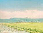  absurdres blue_sky clouds cloudy_sky day farm field highres mountain mountainous_horizon no_humans original plant power_lines rural scenery sky toyonaga_ryouhei train utility_pole 