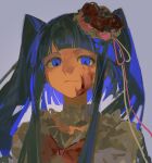  1girl absurdres blood blood_on_face blue_eyes blue_hair blunt_bangs closed_mouth english_commentary furudo_erika grey_background highres long_hair looking_at_viewer lostack3 sidelocks simple_background smile solo twintails umineko_no_naku_koro_ni upper_body 