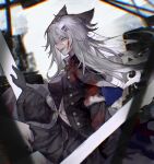  1girl animal_ears arknights black_gloves black_jacket black_skirt blood blood_on_clothes blood_on_face buttons chromatic_aberration collared_jacket cowboy_shot crack floating_hair from_side fur-trimmed_jacket fur_trim gloves grey_hair hair_between_eyes hair_ornament hairclip hand_up highres jacket lappland_(arknights) long_hair moriiii open_mouth skirt slit_pupils smile solo standing white_eyes wide_sleeves wolf_ears 