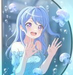 1girl air_bubble aquarium bang_dream! blue_hair blue_shirt blush bubble commentary english_commentary fries_vanquisher frilled_shirt frills highres jellyfish long_hair matsubara_kanon off-shoulder_shirt off_shoulder one_side_up open_mouth shirt short_sleeves solo star-shaped_pupils star_(symbol) symbol-shaped_pupils teeth upper_teeth_only violet_eyes 