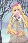  1girl absurdres bare_tree blonde_hair blue_eyes bow coat commentary_request eyelashes grey_coat hair_bow highres long_hair long_sleeves mittens open_mouth original outdoors rattorun snow snowing solo tree very_long_hair winter winter_clothes 