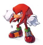  1boy artist_logo clenched_hands full_body furry furry_male gloves grin highres knuckles_the_echidna looking_at_viewer nic_kenten red_footwear red_fur shoes simple_background smile solo sonic_(series) teeth two-tone_footwear violet_eyes white_background white_gloves yellow_footwear 