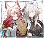  2boys 625light absurdres animal_ear_fluff animal_ears armor border cat_ears chinese_clothes closed_eyes commentary_request crossed_arms facing_viewer fox_ears grey_hair grid_background hand_fan high_collar highres holding holding_fan honkai:_star_rail honkai_(series) jacket jiaoqiu_(honkai:_star_rail) jing_yuan long_hair male_focus mole mole_under_eye multiple_boys pink_hair red_jacket shirt shoulder_armor sidelocks simple_background smile upper_body white_background white_shirt 