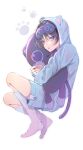  1boy 5656hayururi alternate_costume bishounen blue_eyes full_body genshin_impact highres hood hoodie hugging_object male_focus paw_print purple_hair scaramouche_(cat)_(genshin_impact) scaramouche_(genshin_impact) short_hair shorts simple_background sleep_mask socks solo tongue tongue_out wanderer_(genshin_impact) white_background 