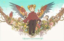  1girl 4boys animal animification bird bird_boy bird_wings birthday closed_eyes dove english_text flower goodtimeswithscar grian_(youtuber) happy happy_birthday head_wreath hermitcraft highres impulsesv light_brown_hair luminous_slime macaw male_focus minecraft_youtube mini_person miniboy minigirl multiple_boys mumbo_jumbo_(youtuber) parrot pearlescentmoon red_sweater scarlet_macaw short_hair sitting smile solo_focus sweater wings 