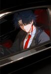  1boy black_hair blade_(honkai:_star_rail) car closed_mouth collared_shirt driving earrings hair_over_one_eye highres honkai:_star_rail honkai_(series) jewelry looking_at_viewer male_focus motor_vehicle necktie red_eyes red_necktie shirt solo suit white_shirt 