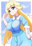 1girl blonde_hair blue_dress blue_eyes blue_sky blunt_bangs blunt_ends breasts casual clouds cloudy_sky collared_dress day dress half_updo hand_in_own_hair highres jewelry large_breasts long_hair long_sleeves looking_at_viewer necklace nekoyashiki_yuki outdoors precure ryuuta_(cure_ryuuta) sky solo standing very_long_hair wonderful_precure! 