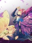  2girls blue_eyes butterfly_wings closed_eyes fairy fairy_wings fire_emblem fire_emblem_heroes gradient_clothes gradient_flower hair_vines highres insect_wings lap_pillow leaf_bracelet multiple_girls nishimura_(shinchinagachi) peony_(fire_emblem) plant plant_hair siblings sisters sleeping triandra_(fire_emblem) vines wings 