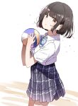  1girl :o ball black_hair bow bowtie brown_eyes collared_shirt cowboy_shot dress_shirt from_side harukana_receive higa_kanata highres holding holding_ball looking_at_viewer looking_to_the_side nyoijizai plaid plaid_skirt school_uniform shirt short_sleeves skirt solo volleyball_(object) white_shirt 