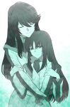  2girls absurdres ascot character_request closed_eyes closed_mouth commentary_request copyright_request hands_on_another&#039;s_arms highres hug hug_from_behind jackets long_hair long_sleeves monochrome multiple_girls smile upper_body yuri_kyanon 