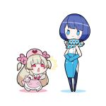  2girls :&gt; ^^^ akichi_360 apron black_thighhighs blonde_hair blue_eyes blue_gloves blue_hair blue_scarf blue_skirt blunt_bangs blush bob_cut chibi collared_dress dress drop_earrings earrings elbow_gloves full_body gloves hat height_difference highres jewelry looking_at_another multiple_girls natori_sana nurse nurse_cap open_mouth own_hands_together pencil_skirt pink_apron plaid plaid_scarf puffy_short_sleeves puffy_sleeves red_eyes sana_channel scarf shirt short_hair short_sleeves side_slit simple_background skirt sleeveless sleeveless_shirt standing suntory suntory_nomu thigh-highs two_side_up white_background white_dress white_shirt 